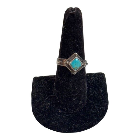 Vtg 7.5 Navajo Ted Ott Signed Sterling Silver Ring Turquoise Accent Diamond Shap - Picture 3 of 8
